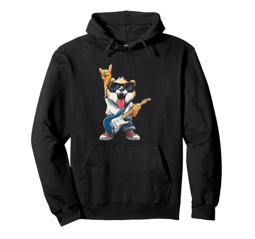 Funny Rock Dog Guitar Player Cartoon Hoodie - Minimalist Print for Adults - T-Shirt, Sweatshirt, Hoodie
