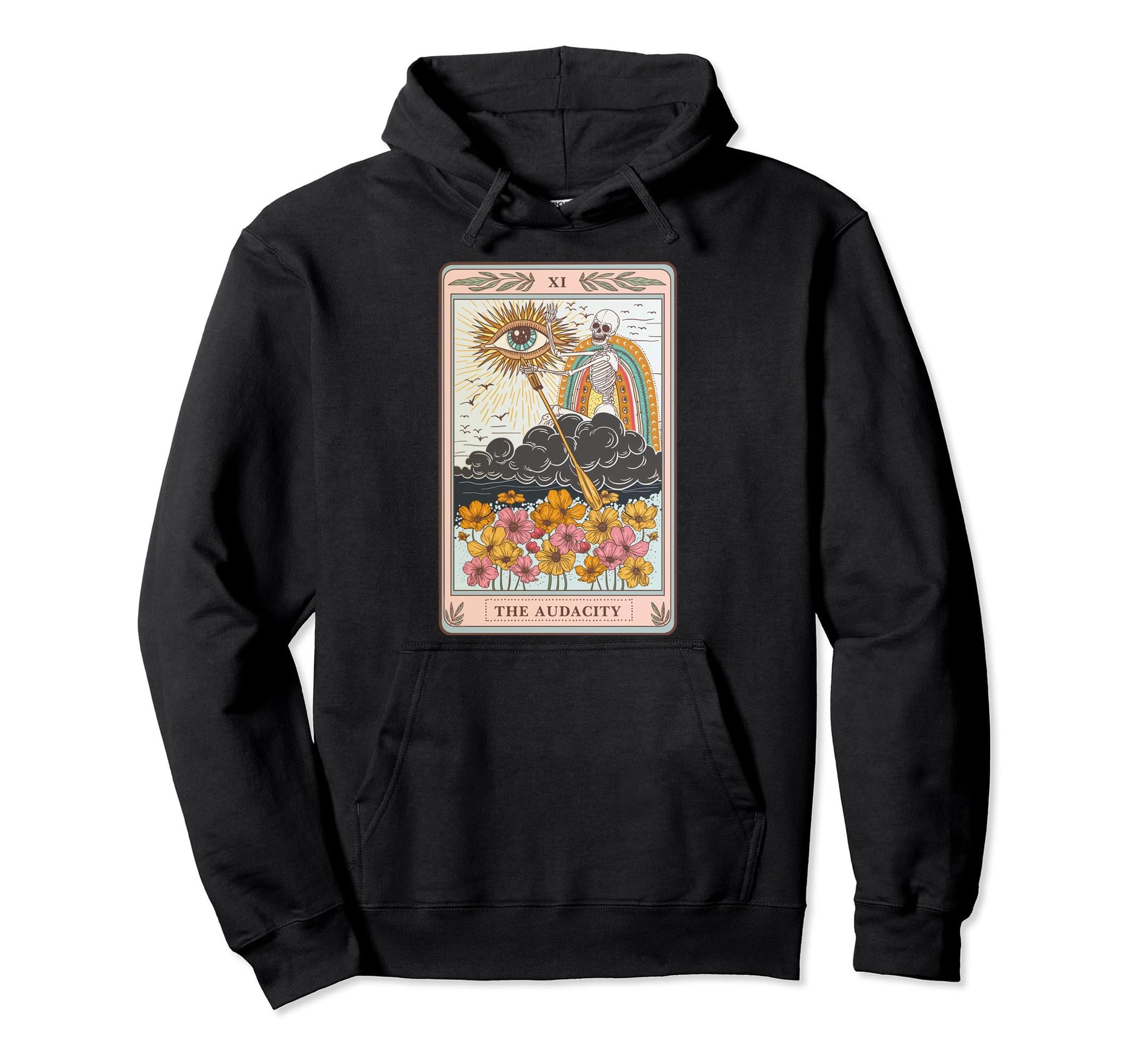 Skeleton Riding Cloud Audacity Tarot Hoodie - Minimalist Print for Adults - T-Shirt, Sweatshirt, Hoodie
