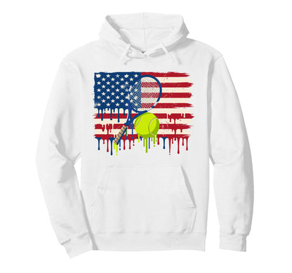 Tennis American Flag Dripping Ice Drip Hoodie - Aesthetic Graphic Unisex - T-Shirt, Sweatshirt, Hoodie