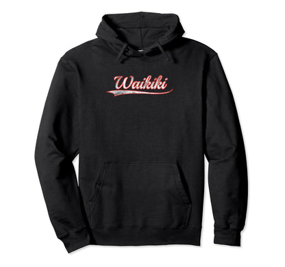 Waikiki Varsity Distressed Throwback Hoodie - Fun Novelty Design Unisex - T-Shirt, Sweatshirt, Hoodie