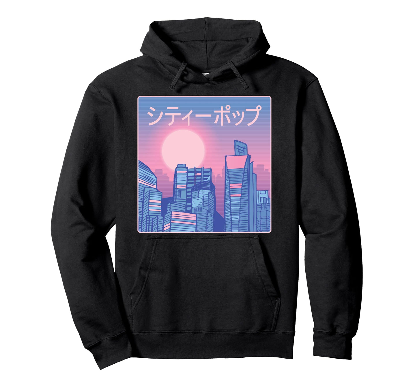 City Skyline Sunset Japanese Characters Hoodie - Novelty Apparel Unisex - T-Shirt, Sweatshirt, Hoodie