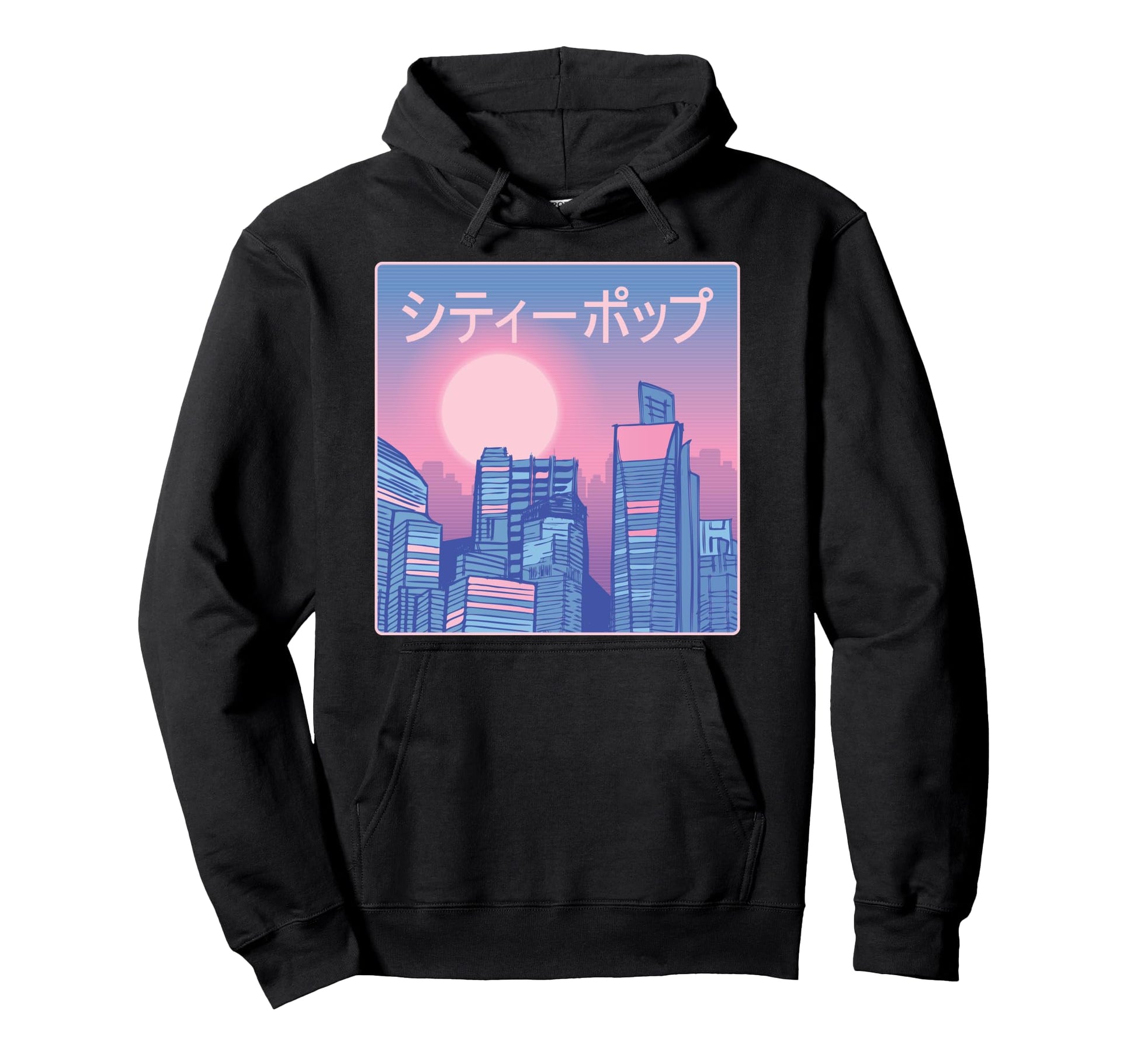City Skyline Sunset Japanese Characters Hoodie - Novelty Apparel Unisex - T-Shirt, Sweatshirt, Hoodie