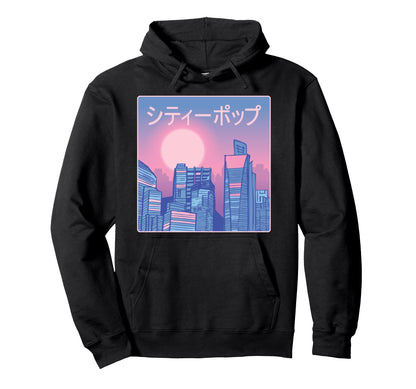 City Skyline Sunset Japanese Characters Hoodie - Novelty Apparel Unisex - T-Shirt, Sweatshirt, Hoodie