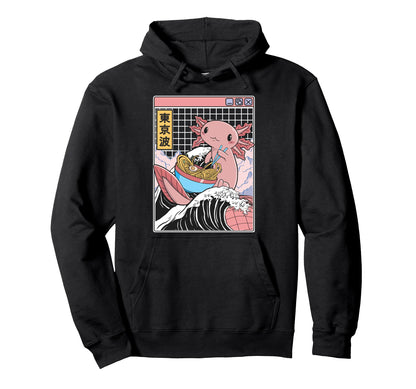 Axolotl Eating Ramen Kanagawa Wave Hoodie - Unique Graphic Men Women - T-Shirt, Sweatshirt, Hoodie