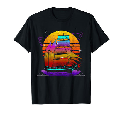 Synthwave Vaporwave Sunset Pirate Ship T-Shirt - Unique Graphic Men Women - T-Shirt, Sweatshirt, Hoodie