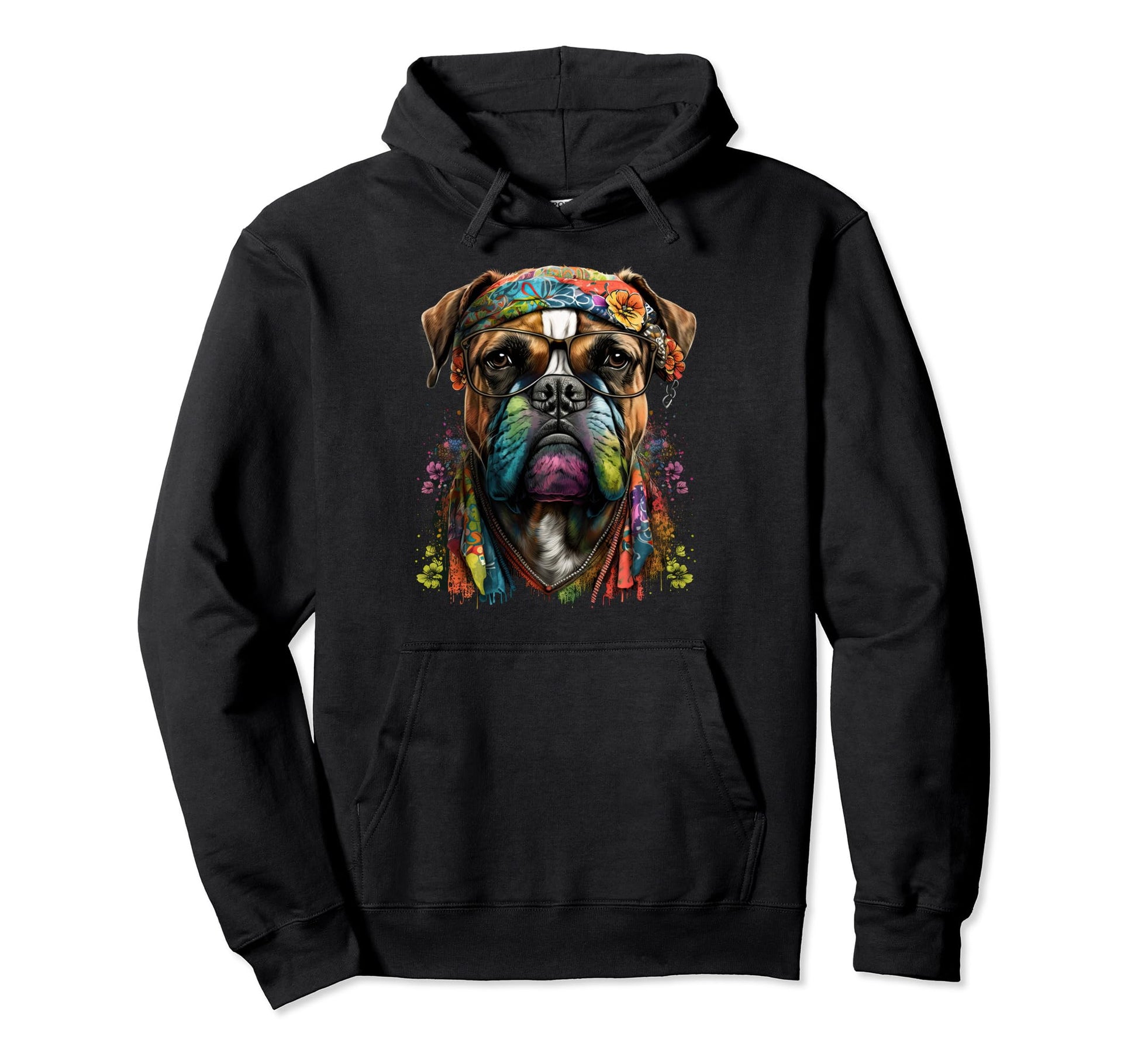 Funny Dog Boxer Hippie Peace Love Hoodie - Streetwear Style Men Women - T-Shirt, Sweatshirt, Hoodie