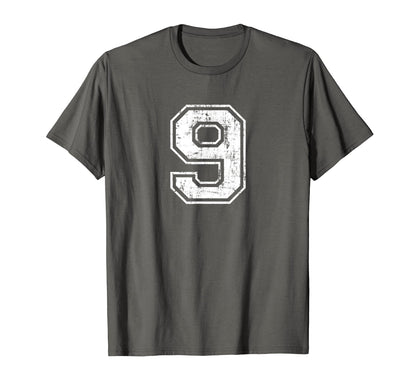 Number 9 Nine Varsity Distressed T-Shirt - Novelty Apparel for Adults - T-Shirt, Sweatshirt, Hoodie