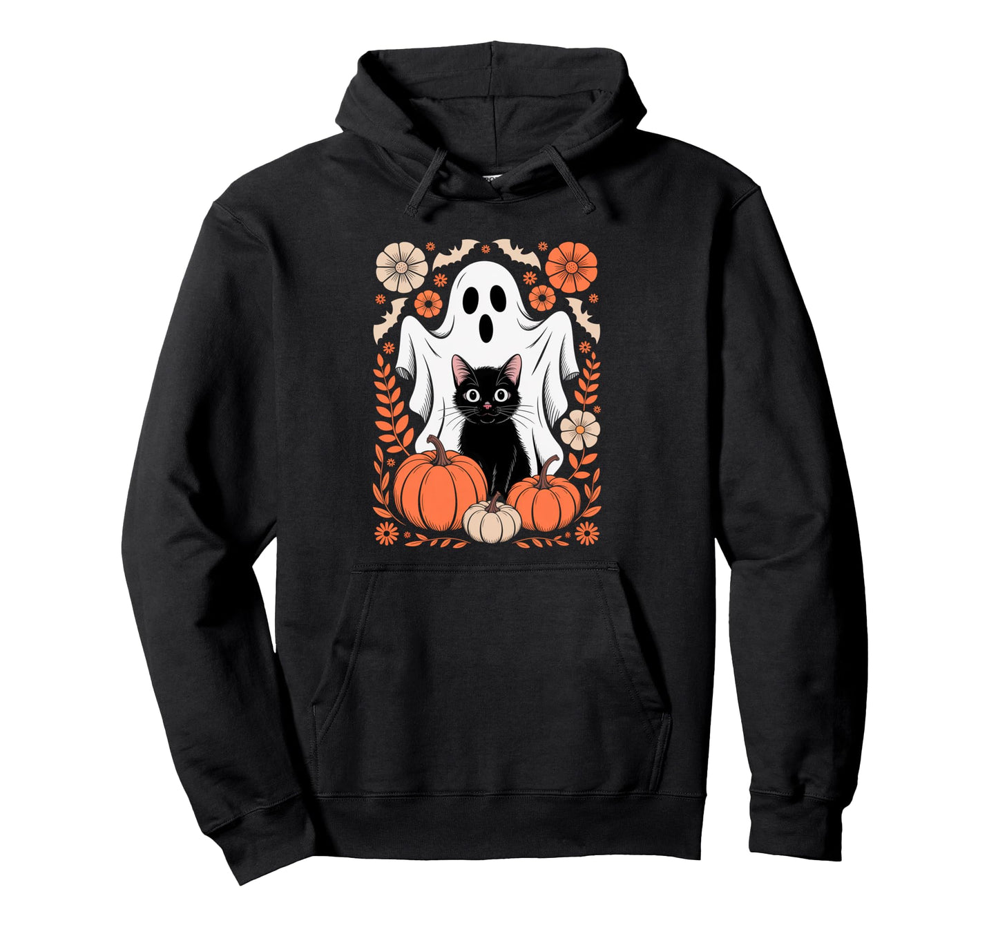 Boho Halloween Cat Ghost Spooky Mama Floral Hoodie - Trendy Graphic Unisex - T-Shirt, Sweatshirt, Hoodie