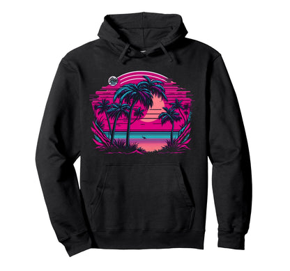 80S Vaporwave Palm Tree Tropical Sunset Hoodie - Unique Graphic Unisex - T-Shirt, Sweatshirt, Hoodie