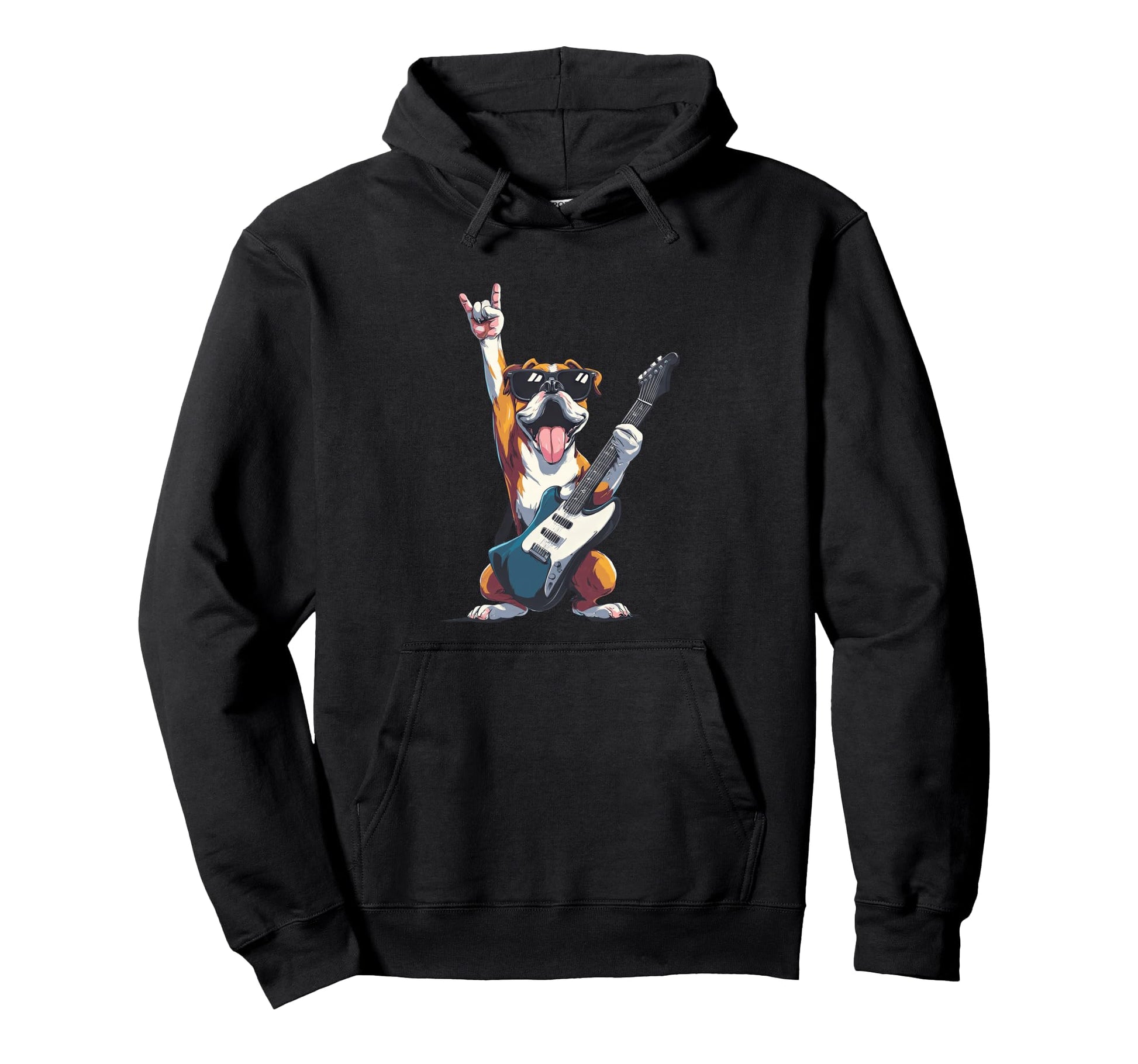 Bulldog Rock Dog Guitar Playing Hoodie - Fun Novelty Design Men Women - T-Shirt, Sweatshirt, Hoodie