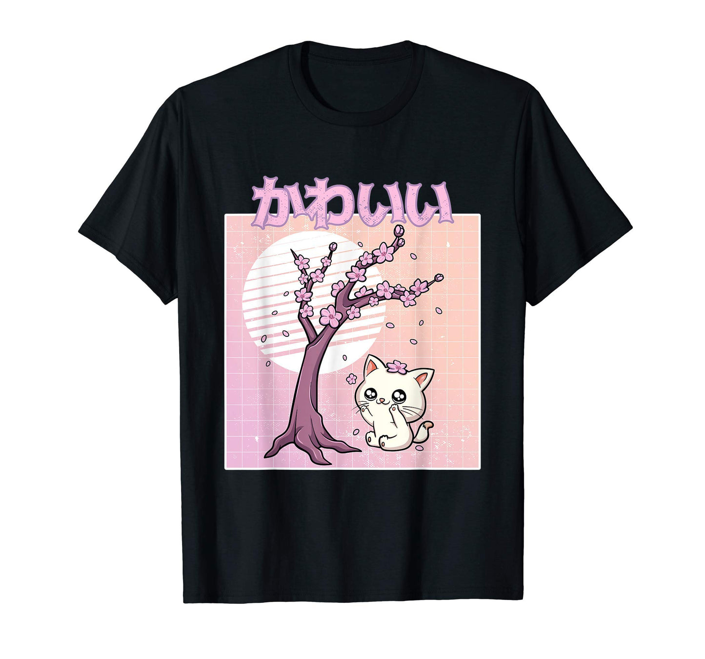 Cherry Blossom Anime Cat Kawaii Vaporwave T-Shirt - Trendy Graphic Unisex - T-Shirt, Sweatshirt, Hoodie