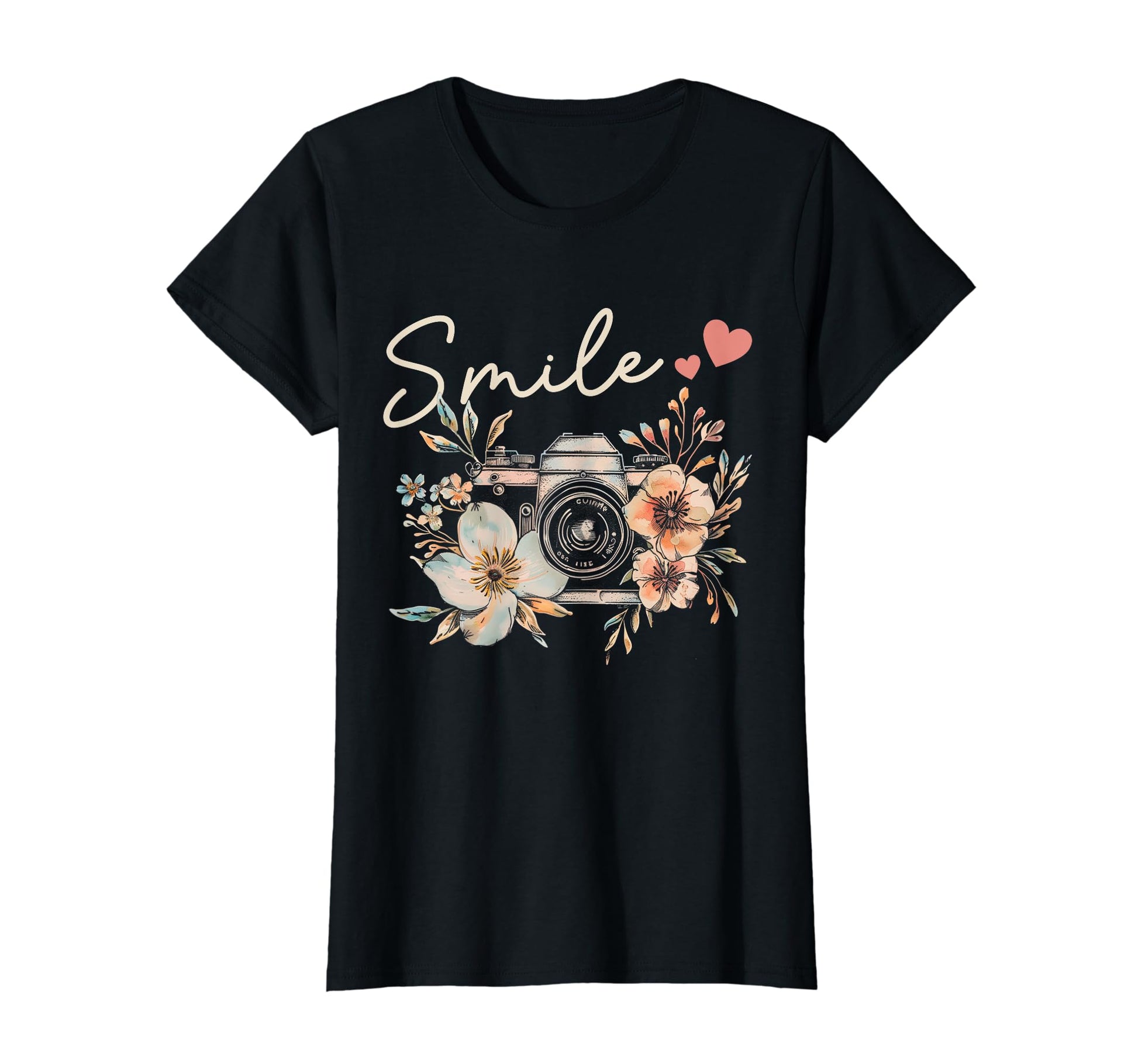 Photographer Smile Camera Flowers T-Shirt - Novelty Apparel Men Women - T-Shirt, Sweatshirt, Hoodie
