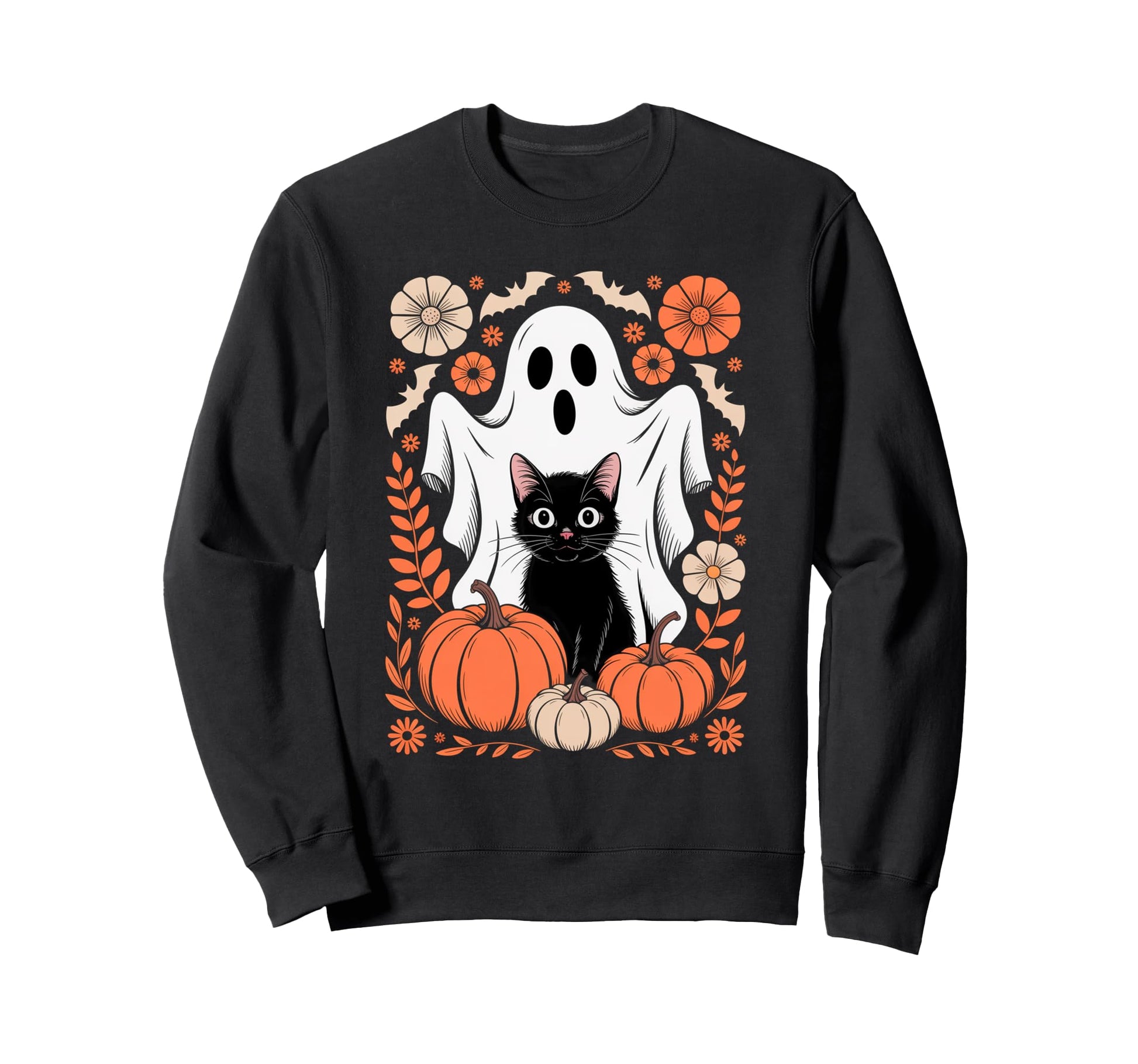 Boho Halloween Cat Ghost Spooky Mama Sweatshirt - Unique Graphic Men Women - T-Shirt, Sweatshirt, Hoodie