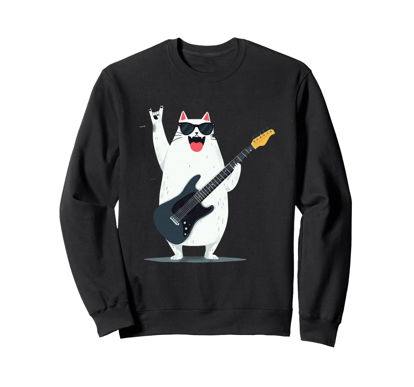 Cat Guitar Player Cartoon Rockstar Sweatshirt - Novelty Apparel for Adults - T-Shirt, Sweatshirt, Hoodie