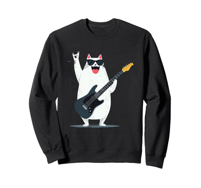 Cat Guitar Player Cartoon Rockstar Sweatshirt - Novelty Apparel for Adults - T-Shirt, Sweatshirt, Hoodie