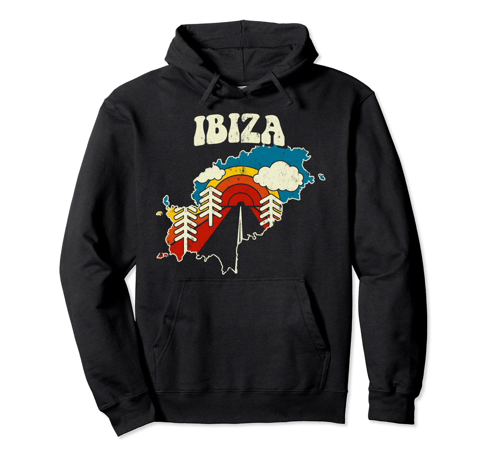 Ibiza Spanish Island Rainbow 70S Map Hoodie - Streetwear Style for Adults - T-Shirt, Sweatshirt, Hoodie