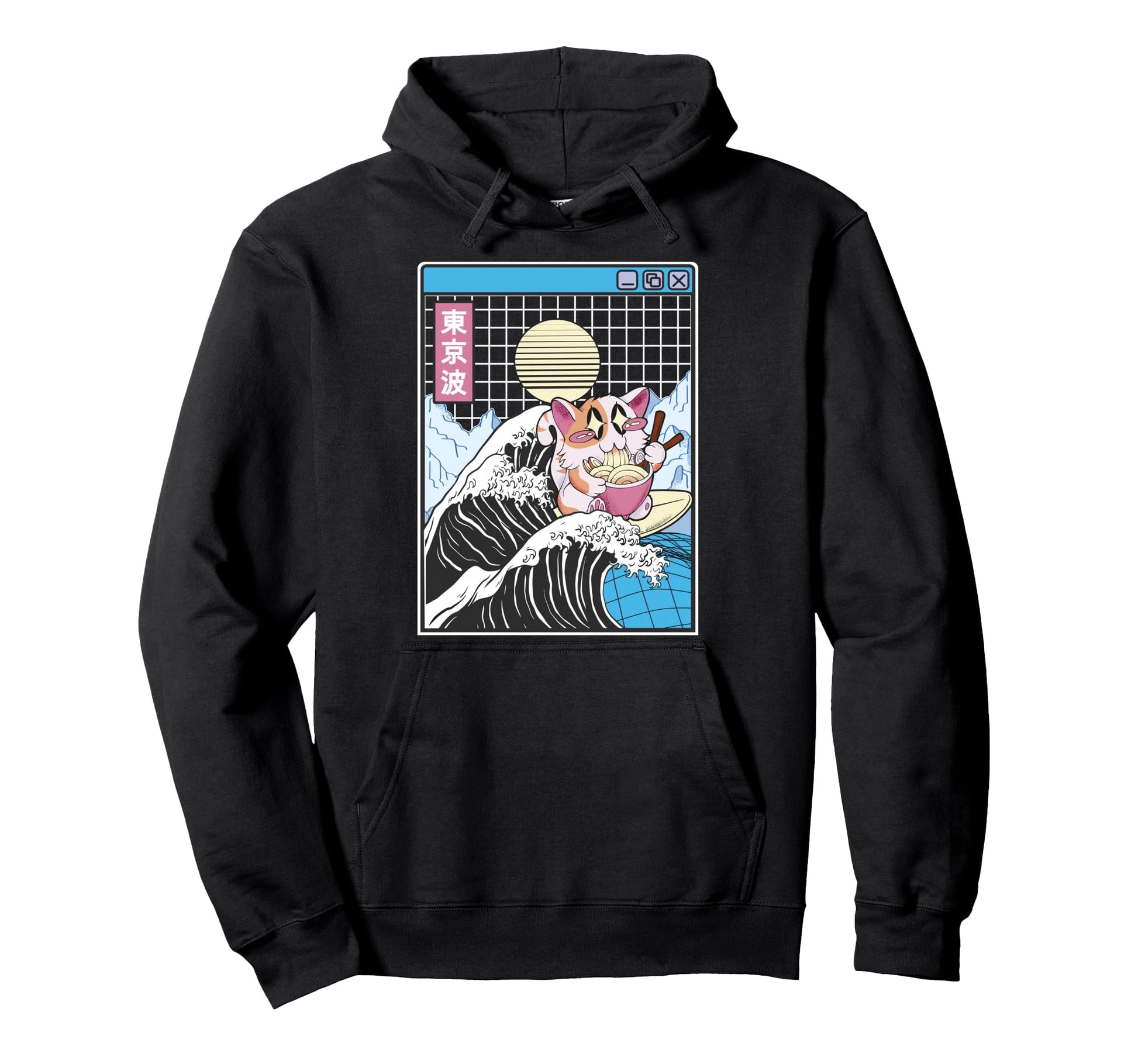 Happy Cat Eating Ramen Surfing Hoodie - Casual Everyday Wear Unisex - T-Shirt, Sweatshirt, Hoodie