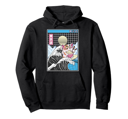 Happy Cat Eating Ramen Surfing Hoodie - Casual Everyday Wear Unisex - T-Shirt, Sweatshirt, Hoodie