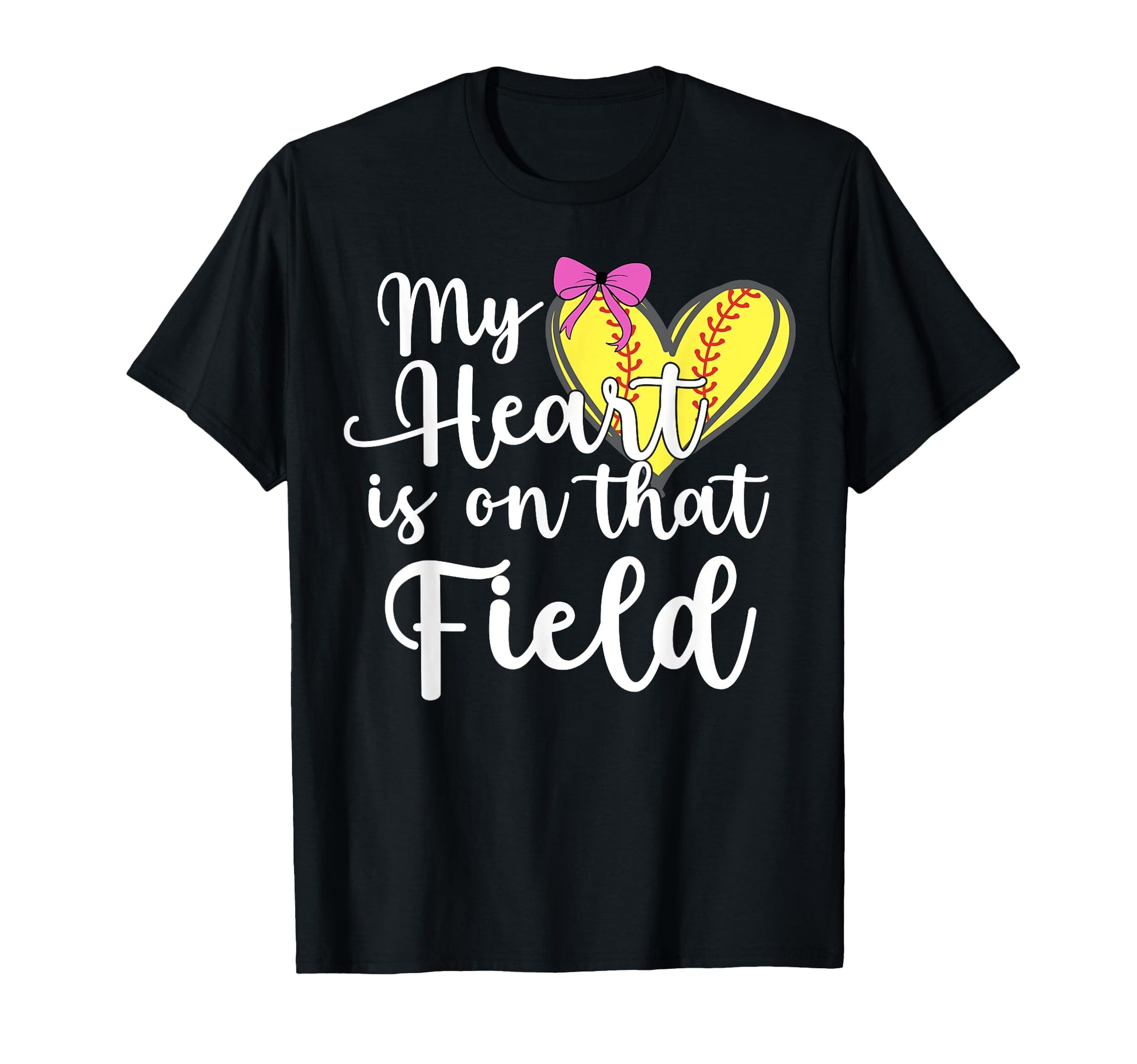 Softball Mom Coquette Bow My Heart Is T-Shirt - Novelty Apparel Unisex - T-Shirt, Sweatshirt, Hoodie