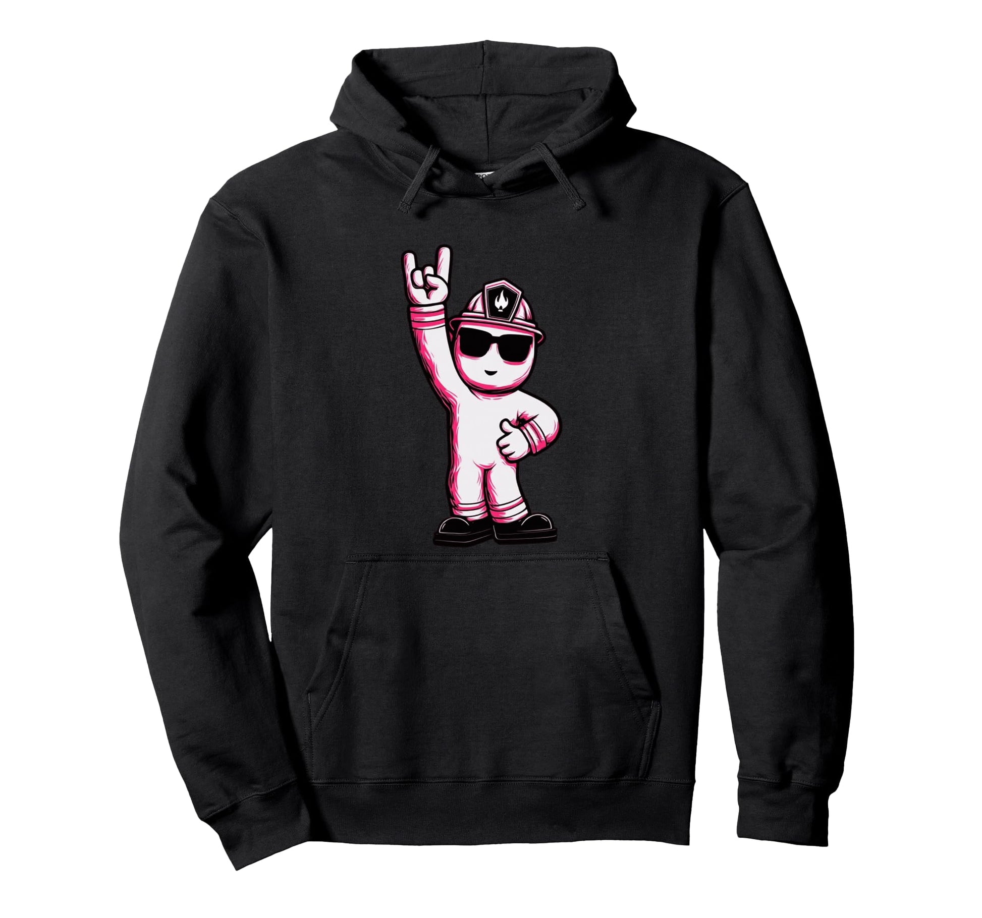 Firefighter Mascot Rock Hand Sign Hoodie - Custom Art Print Men Women - T-Shirt, Sweatshirt, Hoodie