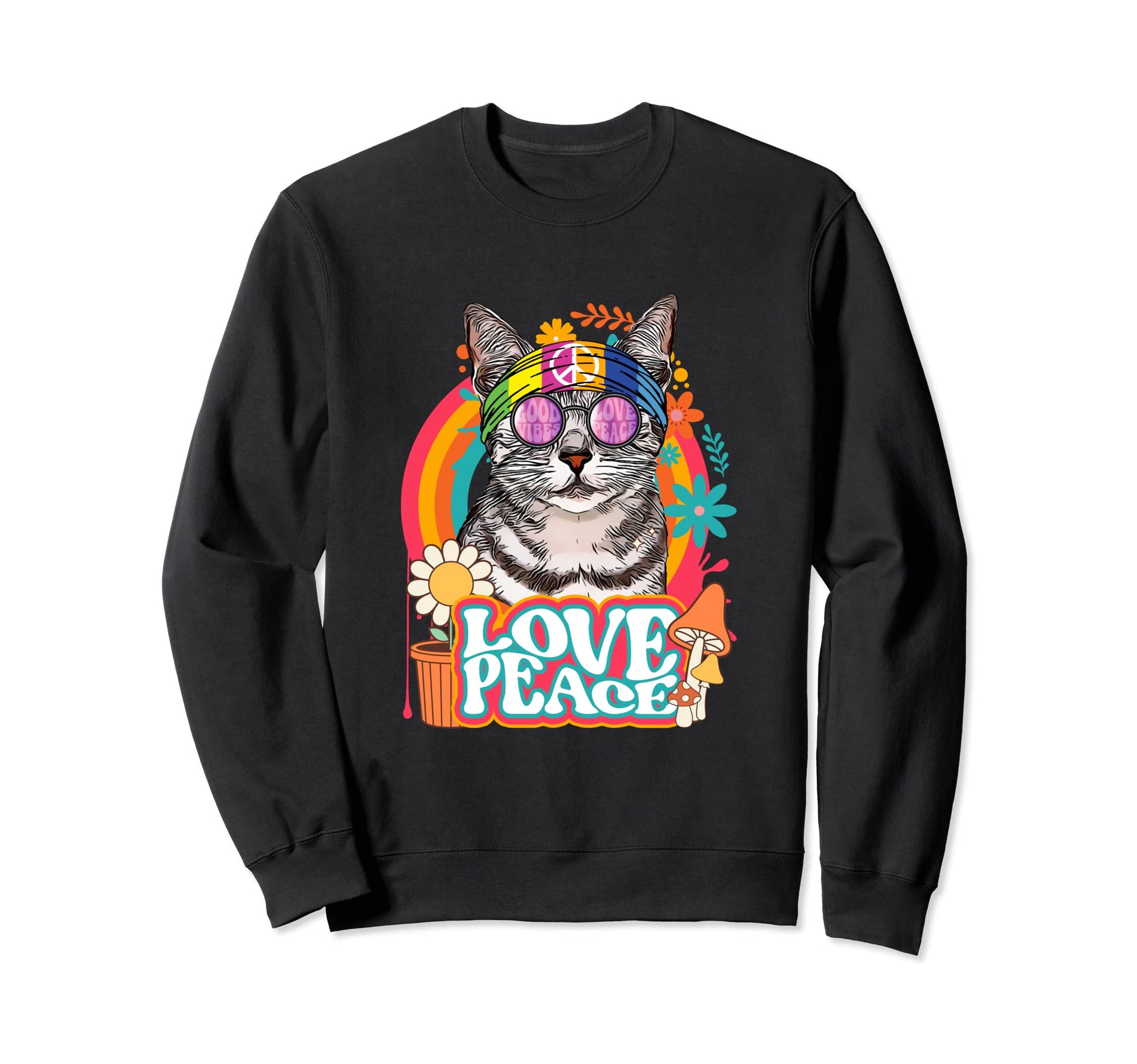 Hippie Cat Rainbow 60S 70S Peace Sweatshirt - Custom Art Print Men Women - T-Shirt, Sweatshirt, Hoodie