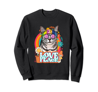 Hippie Cat Rainbow 60S 70S Peace Sweatshirt - Custom Art Print Men Women - T-Shirt, Sweatshirt, Hoodie