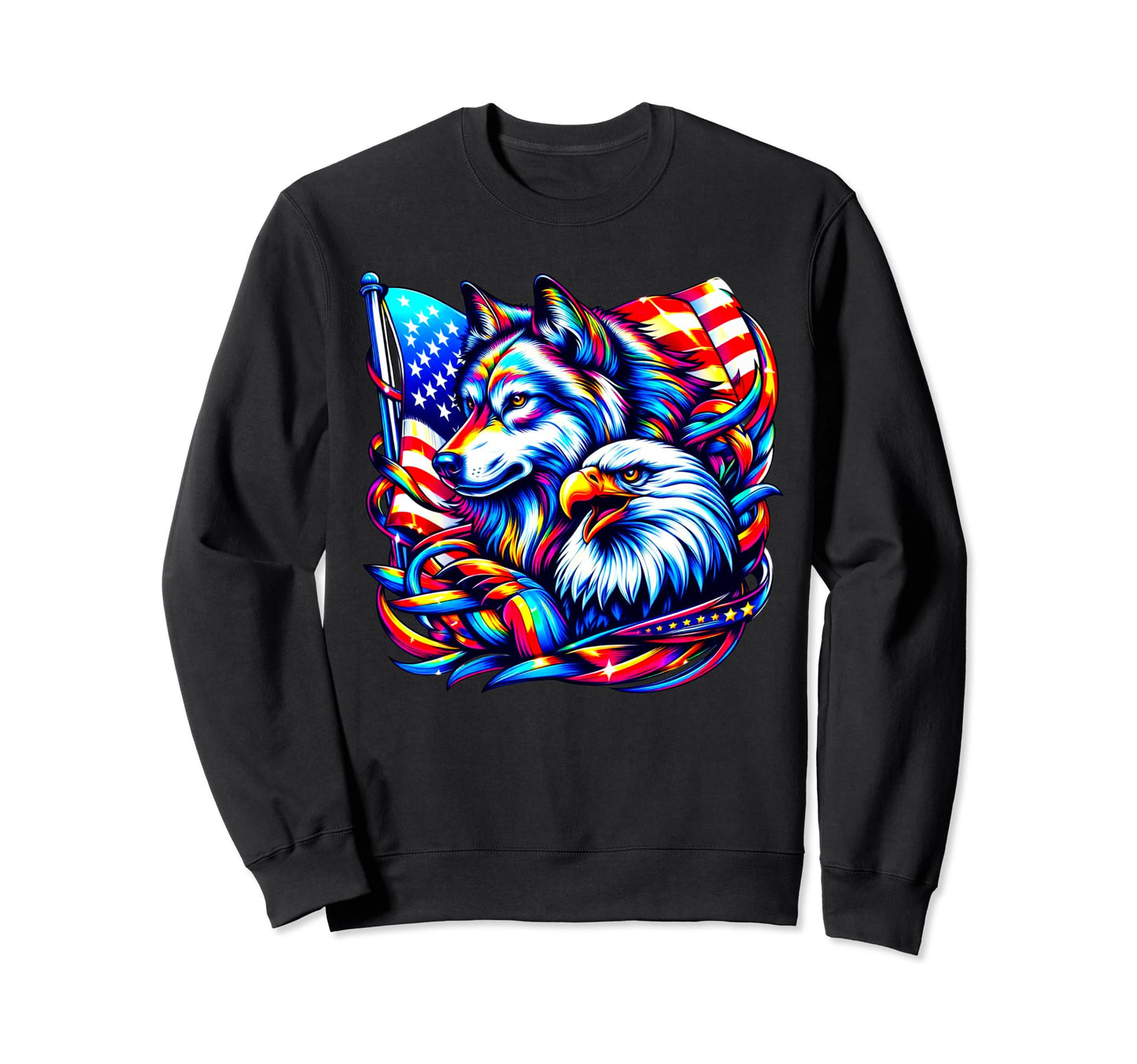Wolf American Flag Rainbow Bald Eagle Sweatshirt - Trendy Graphic Unisex - T-Shirt, Sweatshirt, Hoodie
