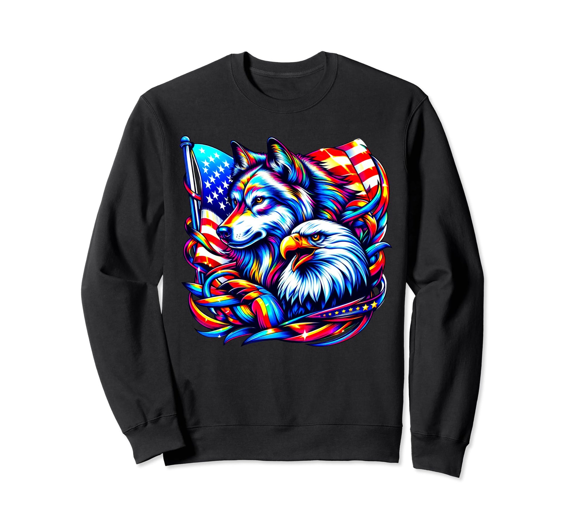 Wolf American Flag Rainbow Bald Eagle Sweatshirt - Trendy Graphic Unisex - T-Shirt, Sweatshirt, Hoodie
