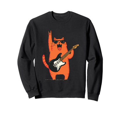 Rock Cat Playing Guitar Funny Music Sweatshirt - Graphic Print Unisex - T-Shirt, Sweatshirt, Hoodie