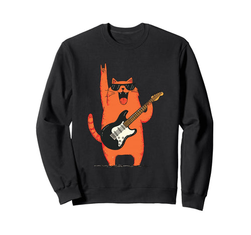Rock Cat Playing Guitar Funny Music Sweatshirt - Graphic Print Unisex - T-Shirt, Sweatshirt, Hoodie