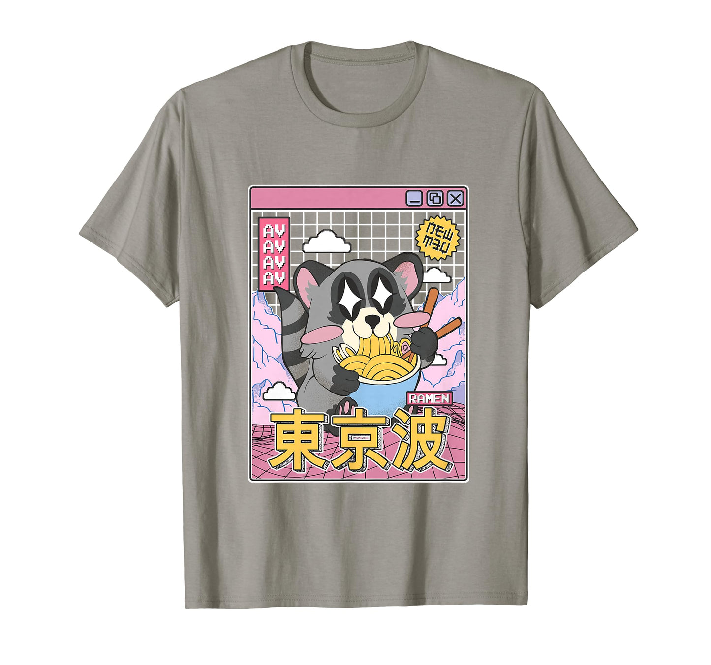 Raccoon Eating Ramen Kawaii Vaporwave T-Shirt - Unique Graphic Unisex - T-Shirt, Sweatshirt, Hoodie