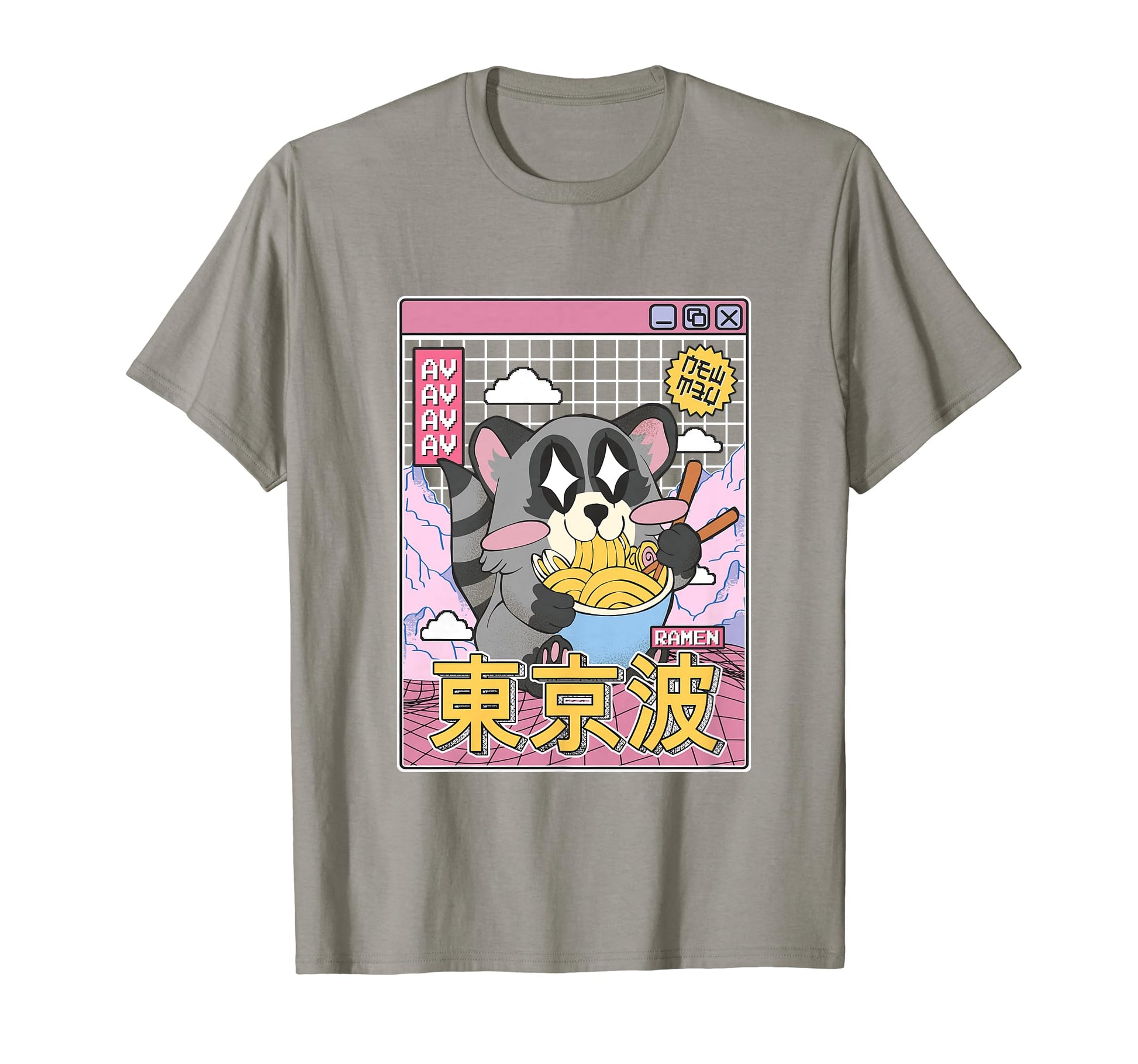 Raccoon Eating Ramen Kawaii Vaporwave T-Shirt - Unique Graphic Unisex - T-Shirt, Sweatshirt, Hoodie