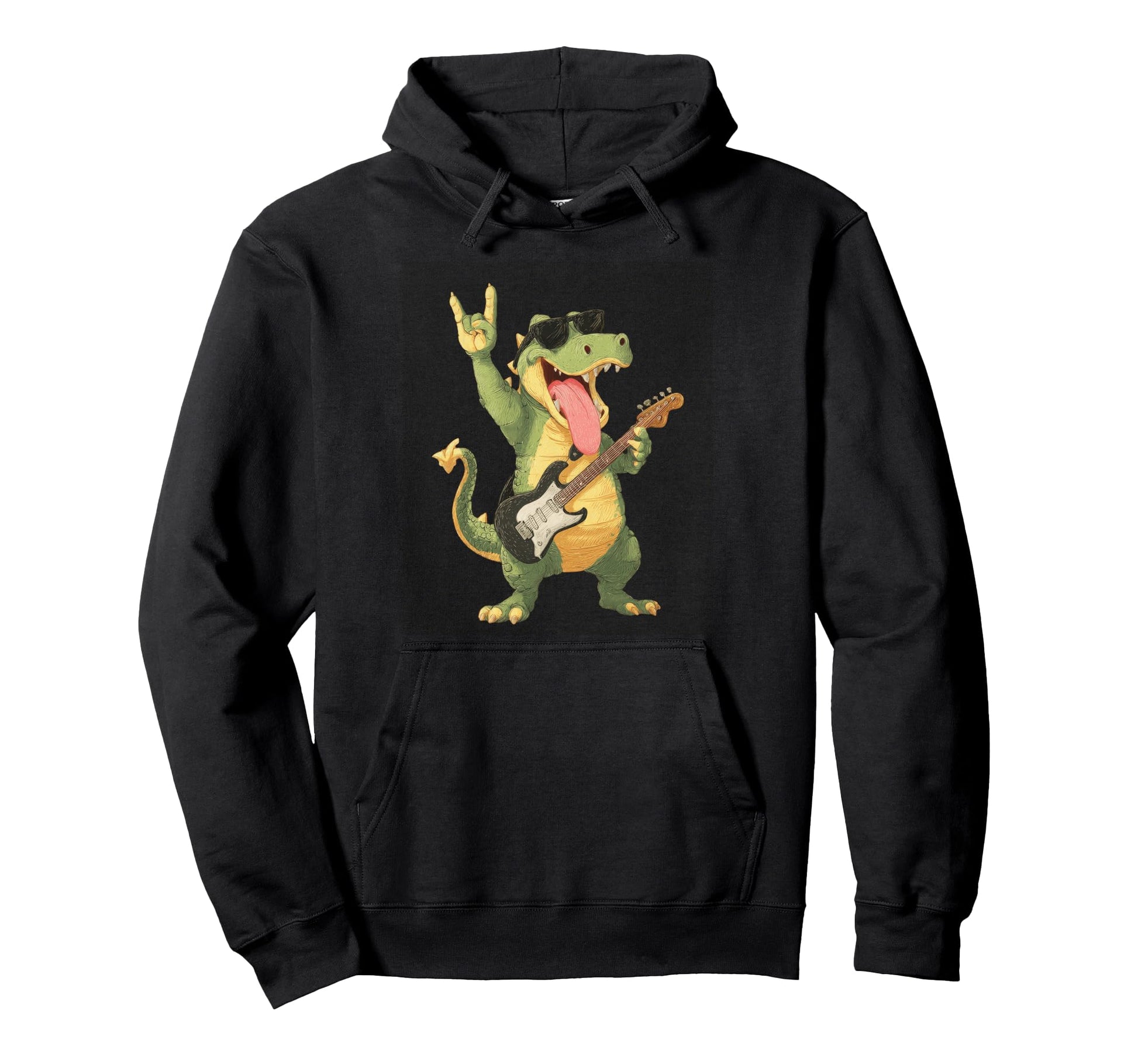 Dinosaur Rockstar Guitarist Funny Hoodie - Custom Art Print Men Women - T-Shirt, Sweatshirt, Hoodie