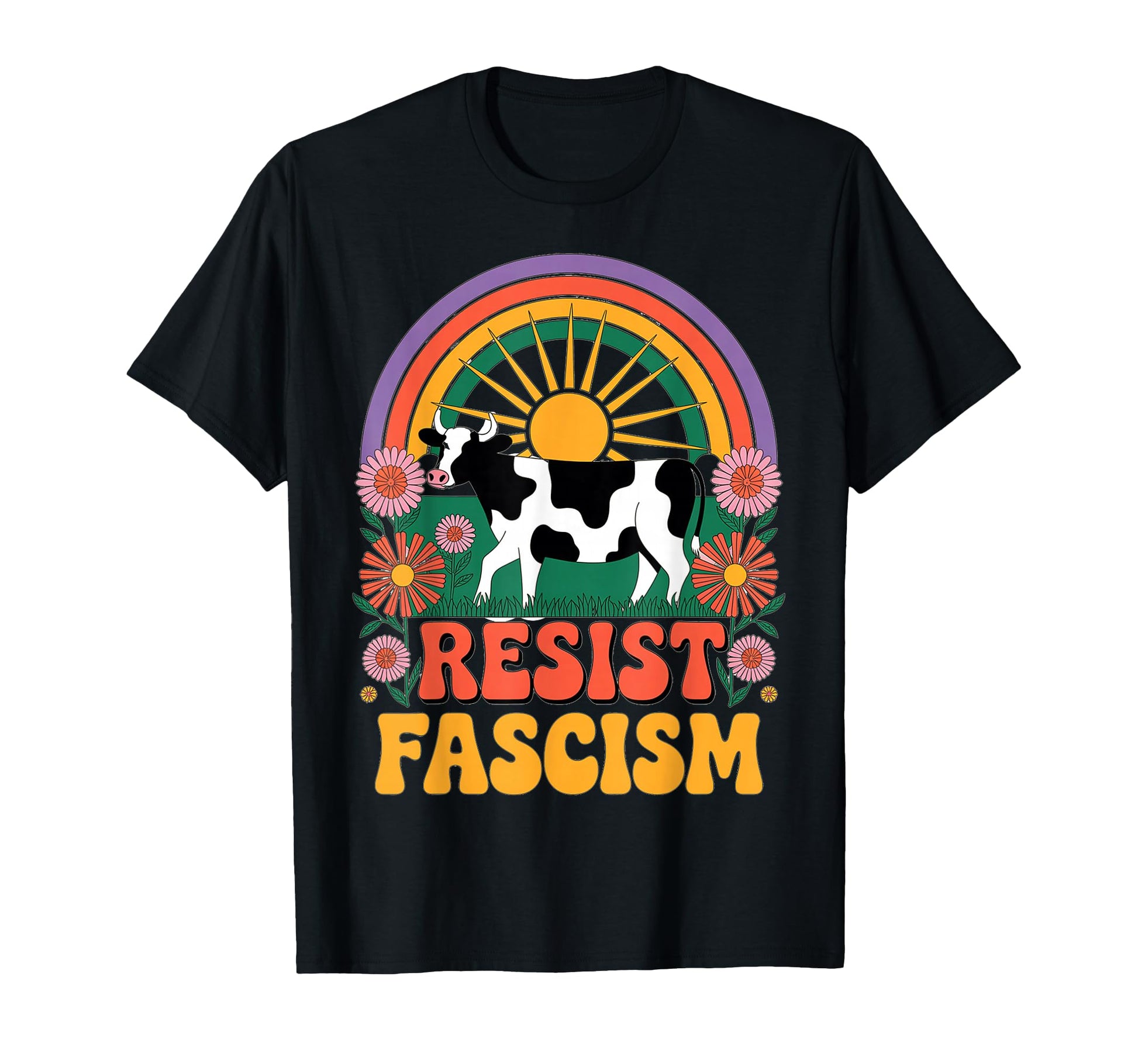 Cow Resist Fascism Groovy Rainbow No T-Shirt - Trendy Graphic Men Women - T-Shirt, Sweatshirt, Hoodie