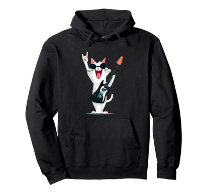 Cat Rockstar Funny Guitar Player Music Hoodie - Aesthetic Graphic Unisex - T-Shirt, Sweatshirt, Hoodie