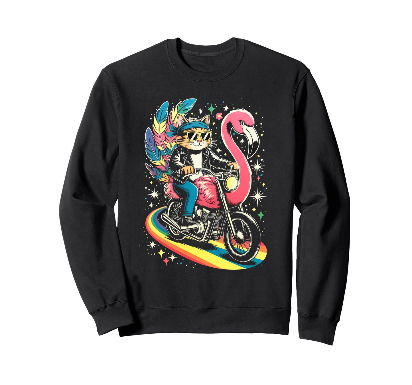 Biker Cat Flamingo Motorcycle Rainbow Sweatshirt - Novelty Apparel Unisex - T-Shirt, Sweatshirt, Hoodie