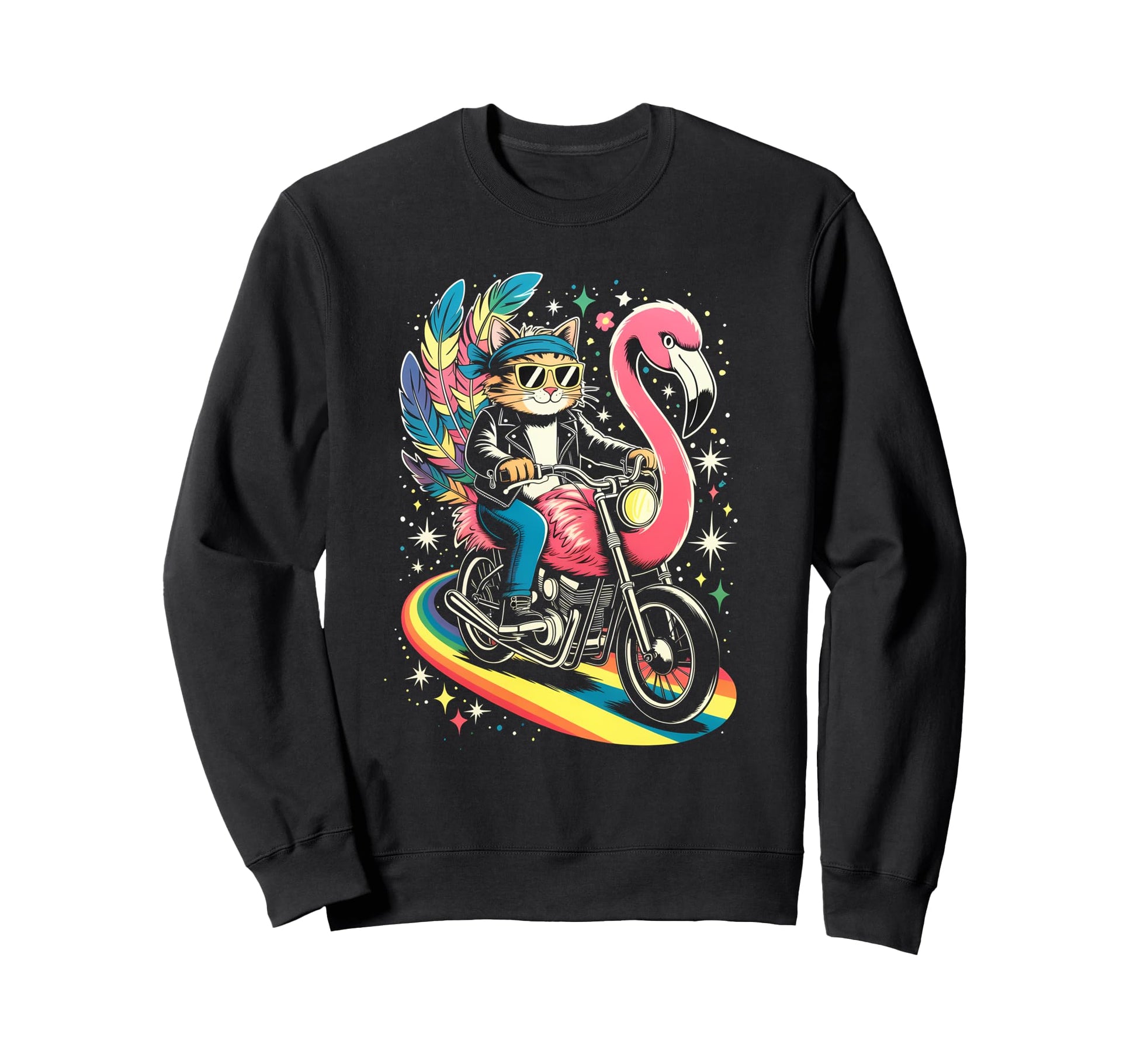 Biker Cat Flamingo Motorcycle Rainbow Sweatshirt - Novelty Apparel Unisex - T-Shirt, Sweatshirt, Hoodie