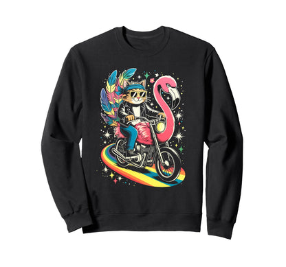Biker Cat Flamingo Motorcycle Rainbow Sweatshirt - Novelty Apparel Unisex - T-Shirt, Sweatshirt, Hoodie