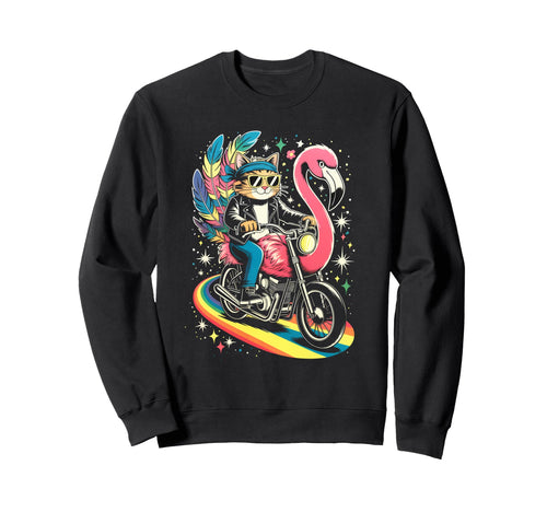 Biker Cat Flamingo Motorcycle Rainbow Sweatshirt - Novelty Apparel Unisex - T-Shirt, Sweatshirt, Hoodie