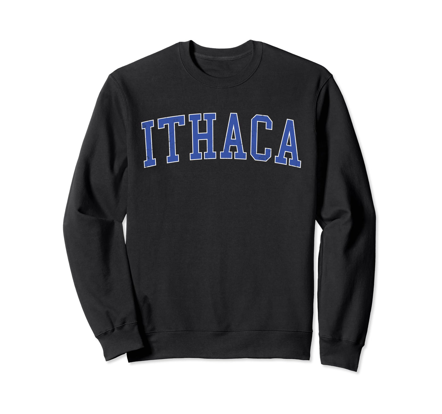 Ithaca Ny Distressed Blue Varsity Sweatshirt - Novelty Apparel for Adults - T-Shirt, Sweatshirt, Hoodie