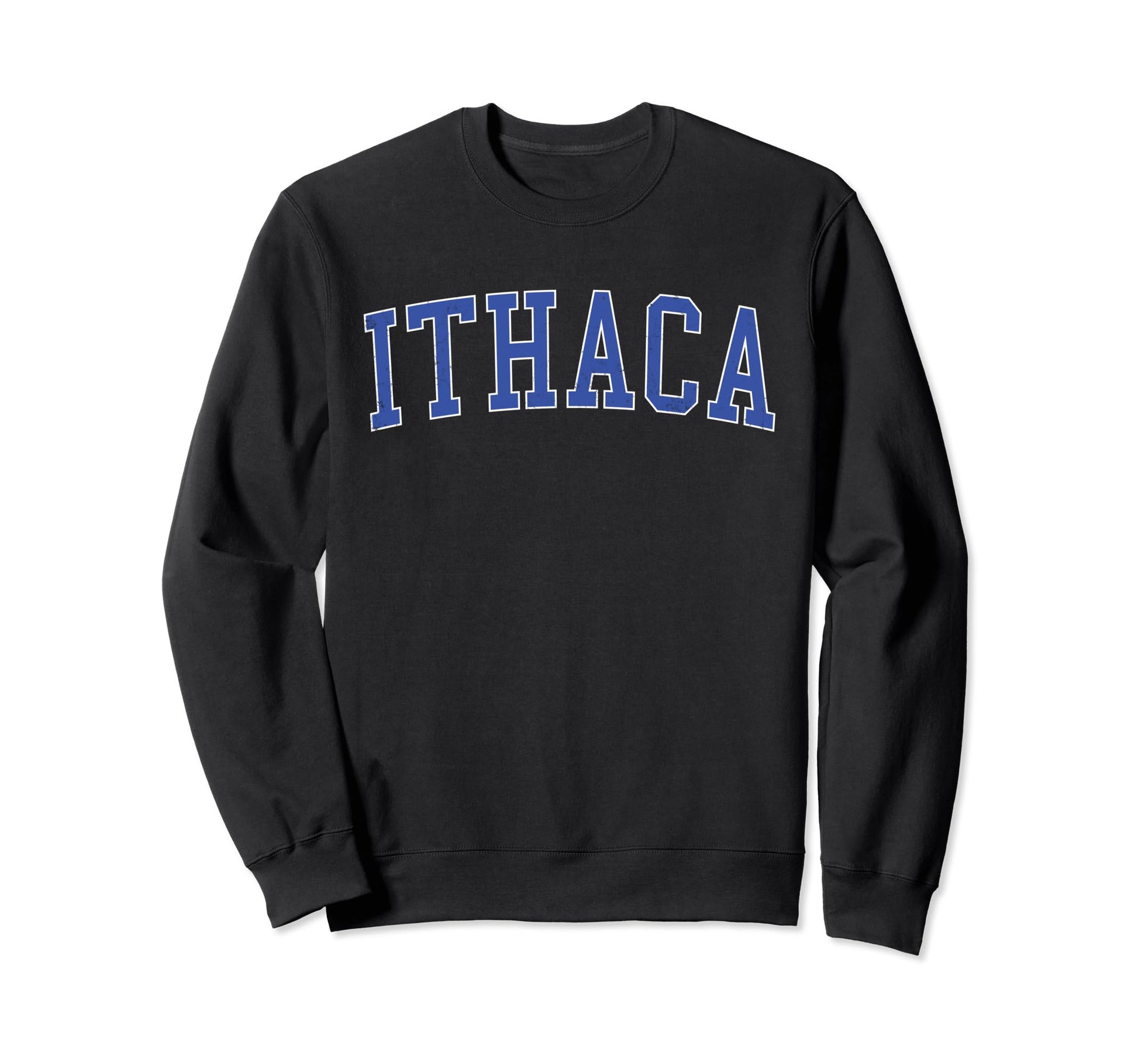 Ithaca Ny Distressed Blue Varsity Sweatshirt - Novelty Apparel for Adults - T-Shirt, Sweatshirt, Hoodie