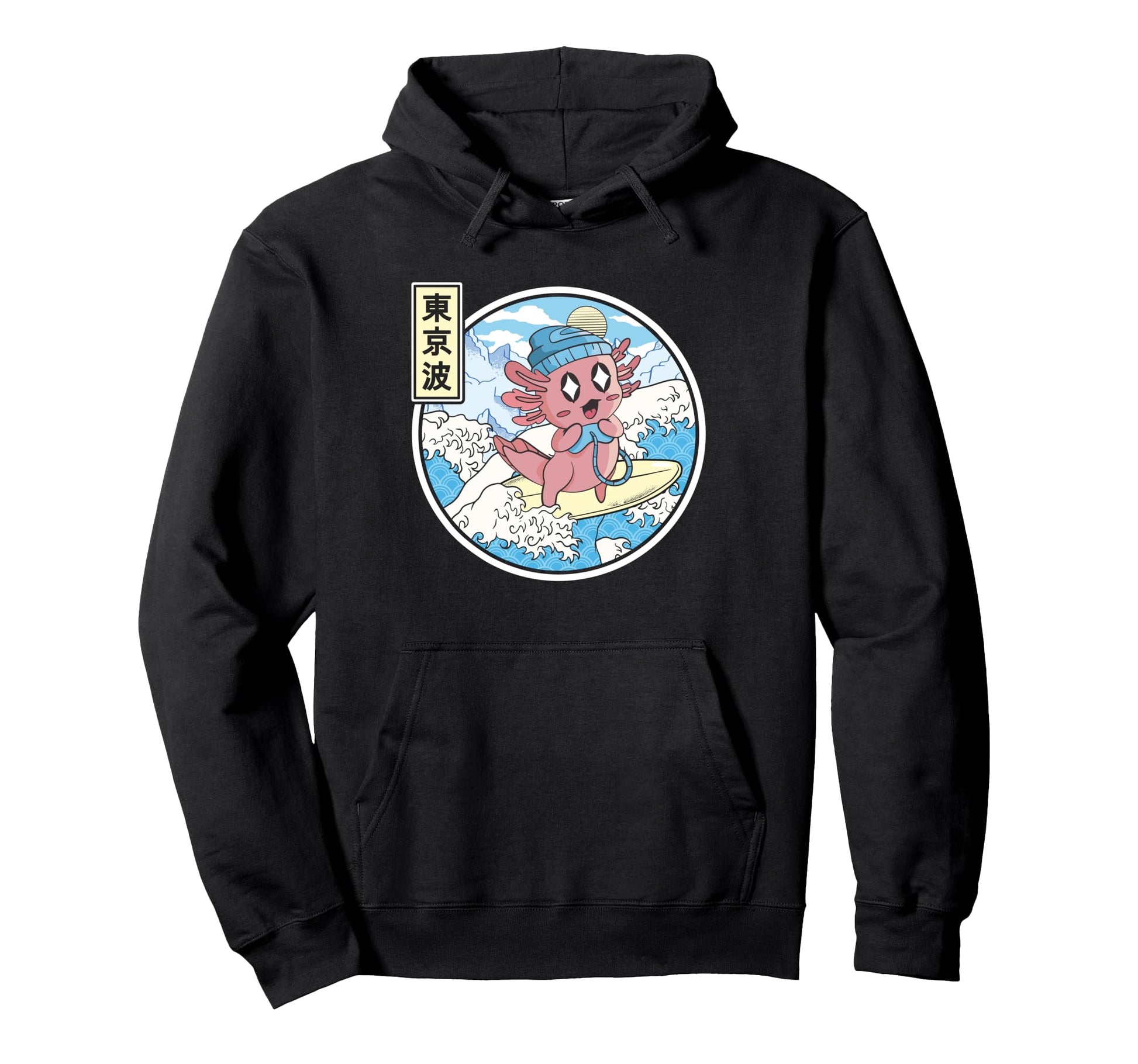 Gaming Axolotl Surfing Japanese Wave Hoodie - Graphic Print Unisex - T-Shirt, Sweatshirt, Hoodie