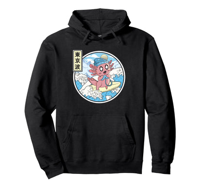 Gaming Axolotl Surfing Japanese Wave Hoodie - Graphic Print Unisex - T-Shirt, Sweatshirt, Hoodie