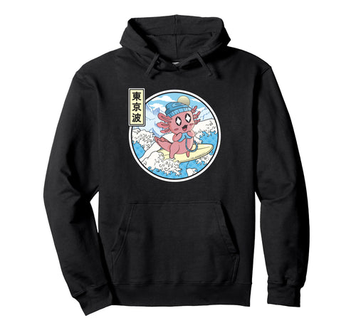 Gaming Axolotl Surfing Japanese Wave Hoodie - Graphic Print Unisex - T-Shirt, Sweatshirt, Hoodie