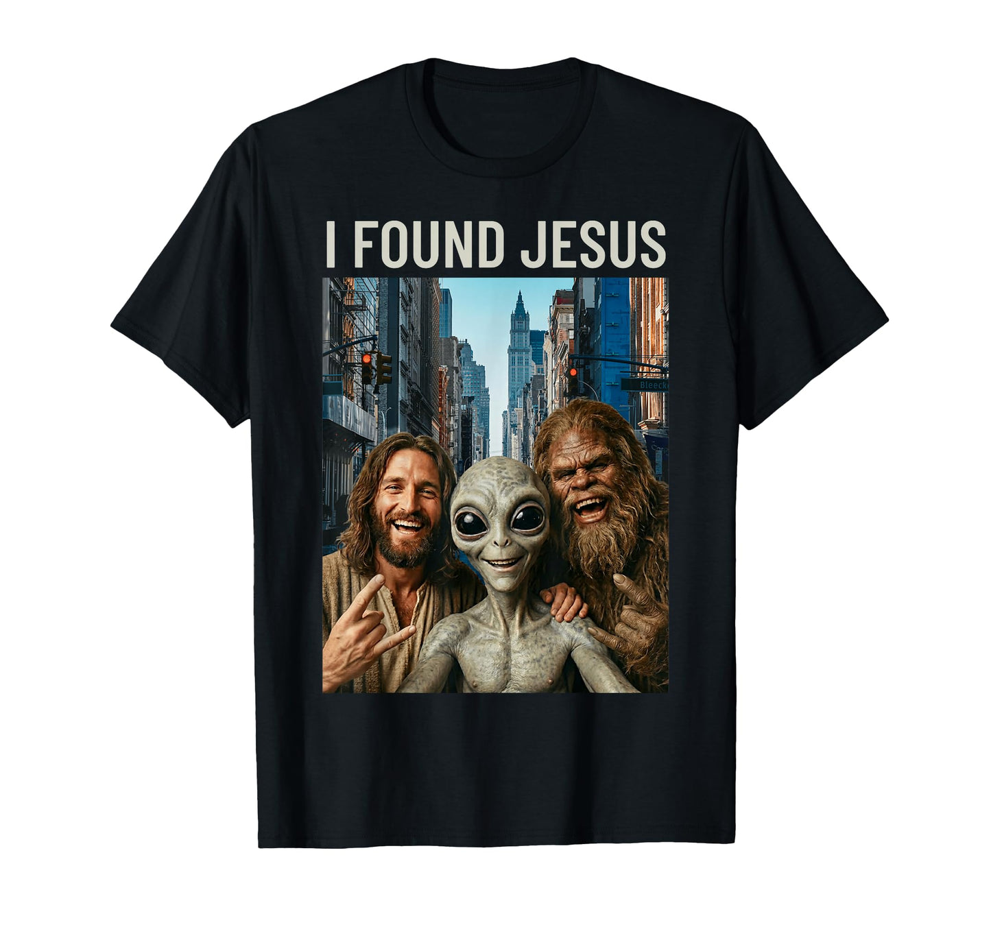 Funny Bigfoot Alien Jesus Rock Hand Sign T-Shirt - Trendy Graphic Unisex - T-Shirt, Sweatshirt, Hoodie
