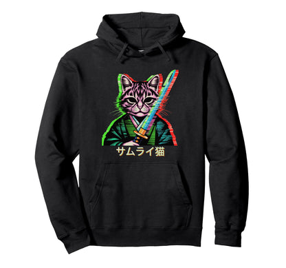 Japanese Vaporwave Samurai Cat Vaporwave Hoodie - Unique Graphic Men Women - T-Shirt, Sweatshirt, Hoodie