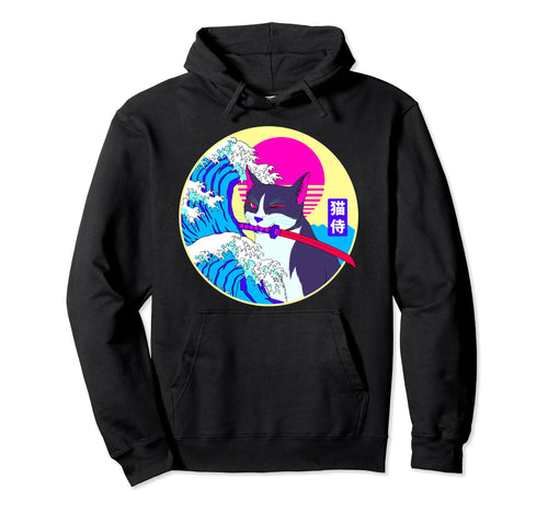 Samurai Cat Great Wave Japanese Hoodie - Novelty Apparel Men Women - T-Shirt, Sweatshirt, Hoodie