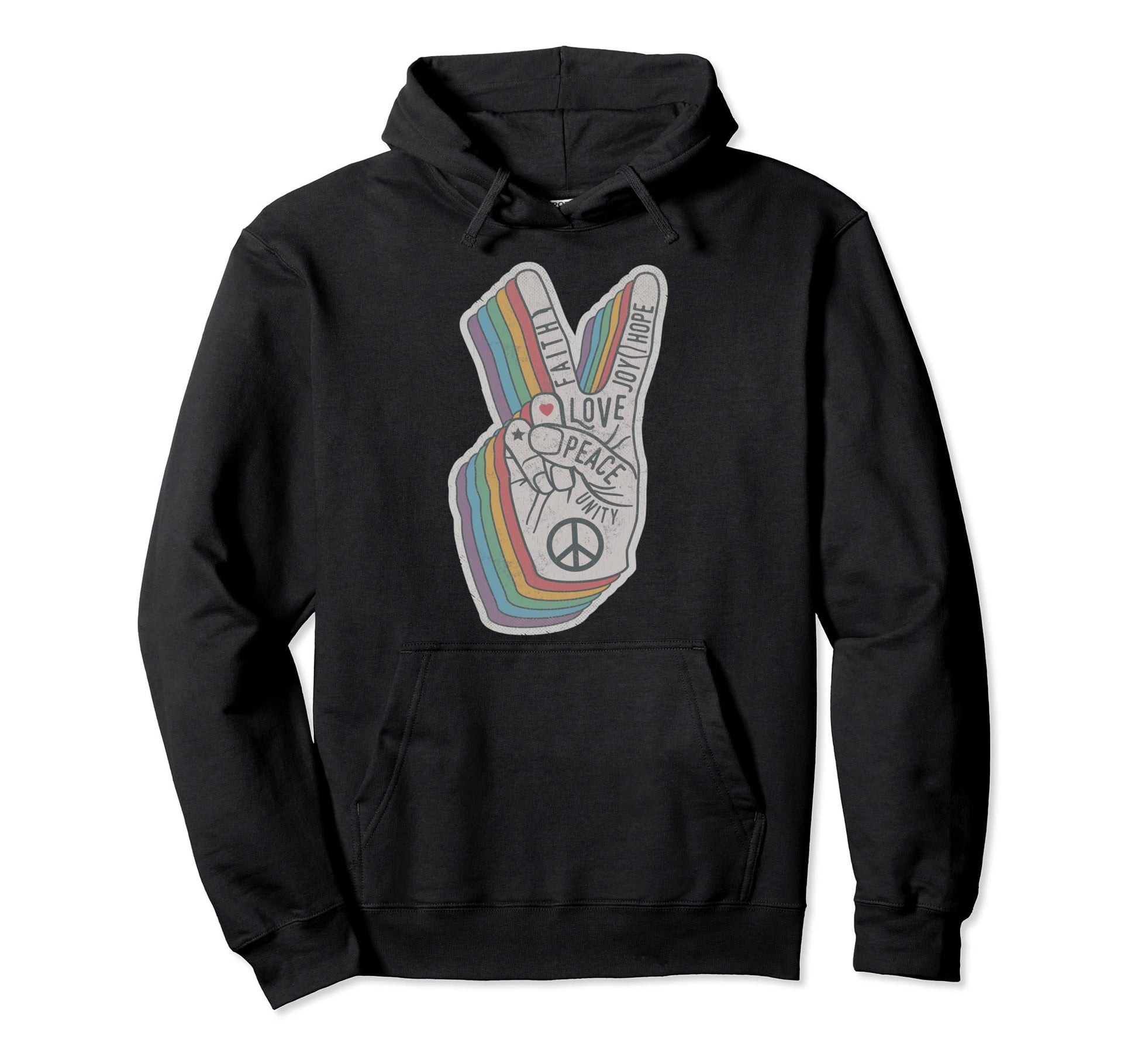 Distressed Rainbow Peace Hand Sign 60S Hoodie - Novelty Apparel Men Women - T-Shirt, Sweatshirt, Hoodie