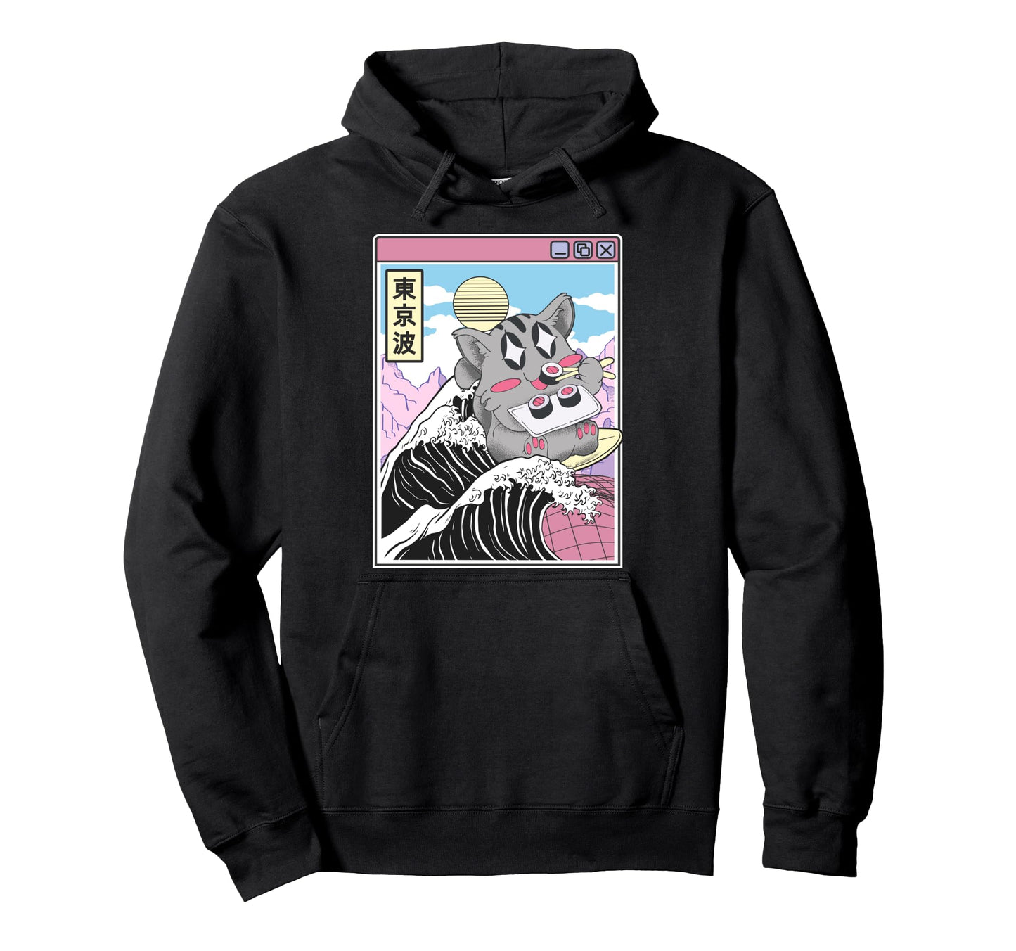 Cat Eating Sushi Surfing Kanagawa Wave Hoodie - Streetwear Style Unisex - T-Shirt, Sweatshirt, Hoodie