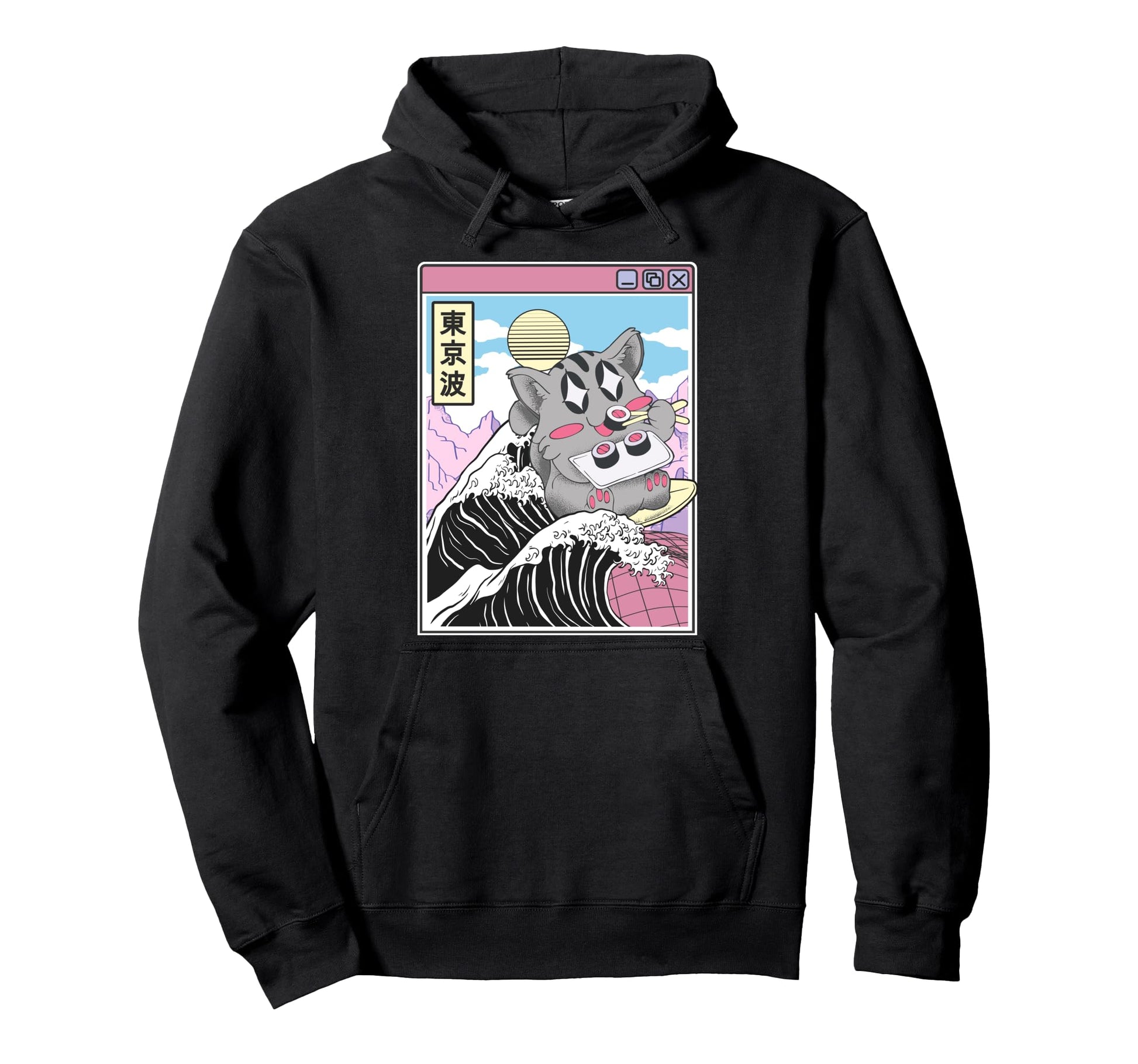 Cat Eating Sushi Surfing Kanagawa Wave Hoodie - Streetwear Style Unisex - T-Shirt, Sweatshirt, Hoodie